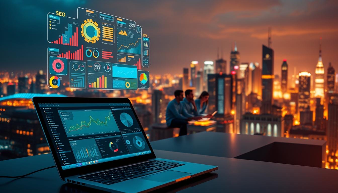 A digital landscape showcasing advanced SEO techniques. In the foreground, a sleek laptop displays intricate analytics dashboards and optimization tools. Hovering above it, an array of colorful data visualizations and infographics illuminate key SEO metrics. In the middle ground, a team of digital marketers collaborates, their faces lit by the glow of multiple screens. In the background, a cityscape of modern high-rises and digital infrastructure symbolizes the global reach of successful online strategies. Warm, directional lighting casts dramatic shadows, creating a sense of depth and technological sophistication. The overall mood is one of efficient, cutting-edge digital expertise. A digital landscape showcasing advanced SEO techniques. In the foreground, a sleek laptop displays intricate analytics dashboards and optimization tools. Hovering above it, an array of colorful data visualizations and infographics illuminate key SEO metrics. In the middle ground, a team of digital marketers collaborates, their faces lit by the glow of multiple screens. In the background, a cityscape of modern high-rises and digital infrastructure symbolizes the global reach of successful online strategies. Warm, directional lighting casts dramatic shadows, creating a sense of depth and technological sophistication. The overall mood is one of efficient, cutting-edge digital expertise.