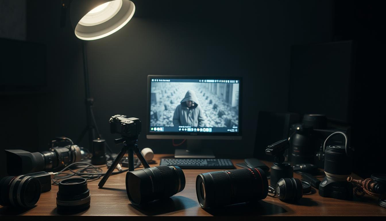 A dimly lit studio with a variety of photographic equipment scattered across the work surface. In the foreground, a camera on a tripod and a selection of lenses, some with visible flaws or imperfections. The middle ground features a computer monitor displaying a partially completed digital image, with visible artifacts or distortions. The background is shrouded in shadows, suggesting a contemplative and introspective atmosphere. The overall scene conveys a sense of the common challenges and learning experiences encountered when creating realistic images with AI-powered tools. A dimly lit studio with a variety of photographic equipment scattered across the work surface. In the foreground, a camera on a tripod and a selection of lenses, some with visible flaws or imperfections. The middle ground features a computer monitor displaying a partially completed digital image, with visible artifacts or distortions. The background is shrouded in shadows, suggesting a contemplative and introspective atmosphere. The overall scene conveys a sense of the common challenges and learning experiences encountered when creating realistic images with AI-powered tools.