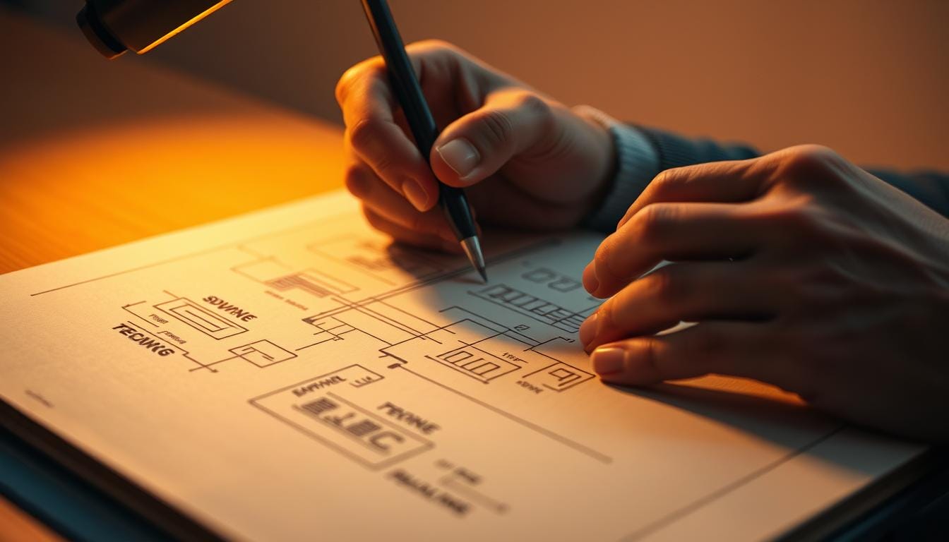 A photorealistic close-up view of a skilled artist's hands meticulously sketching a detailed technical diagram on a textured sketchpad, illuminated by a warm, focused studio light. The diagram appears to illustrate advanced visual description techniques, with precisely rendered shapes, lines, and annotations. The background is a blurred, minimalist setting, allowing the hands and sketchpad to be the central focus. The overall scene conveys a sense of concentration, creativity, and technical mastery. A photorealistic close-up view of a skilled artist's hands meticulously sketching a detailed technical diagram on a textured sketchpad, illuminated by a warm, focused studio light. The diagram appears to illustrate advanced visual description techniques, with precisely rendered shapes, lines, and annotations. The background is a blurred, minimalist setting, allowing the hands and sketchpad to be the central focus. The overall scene conveys a sense of concentration, creativity, and technical mastery.