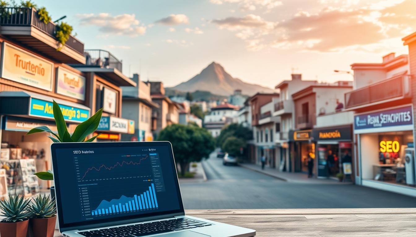 A serene cityscape of Bogotá, Colombia, with a focus on local businesses and their digital marketing strategies. In the foreground, a laptop screen displays analytics and SEO optimization tools, surrounded by a cozy workspace with plants and modern decor. The middle ground features vibrant storefronts, each showcasing unique local products and services. In the background, the iconic Cerro de Monserrate looms, bathed in warm afternoon light. The overall scene conveys a sense of urban progress, blending traditional Colombian culture with cutting-edge digital marketing techniques for localized success. A serene cityscape of Bogotá, Colombia, with a focus on local businesses and their digital marketing strategies. In the foreground, a laptop screen displays analytics and SEO optimization tools, surrounded by a cozy workspace with plants and modern decor. The middle ground features vibrant storefronts, each showcasing unique local products and services. In the background, the iconic Cerro de Monserrate looms, bathed in warm afternoon light. The overall scene conveys a sense of urban progress, blending traditional Colombian culture with cutting-edge digital marketing techniques for localized success.